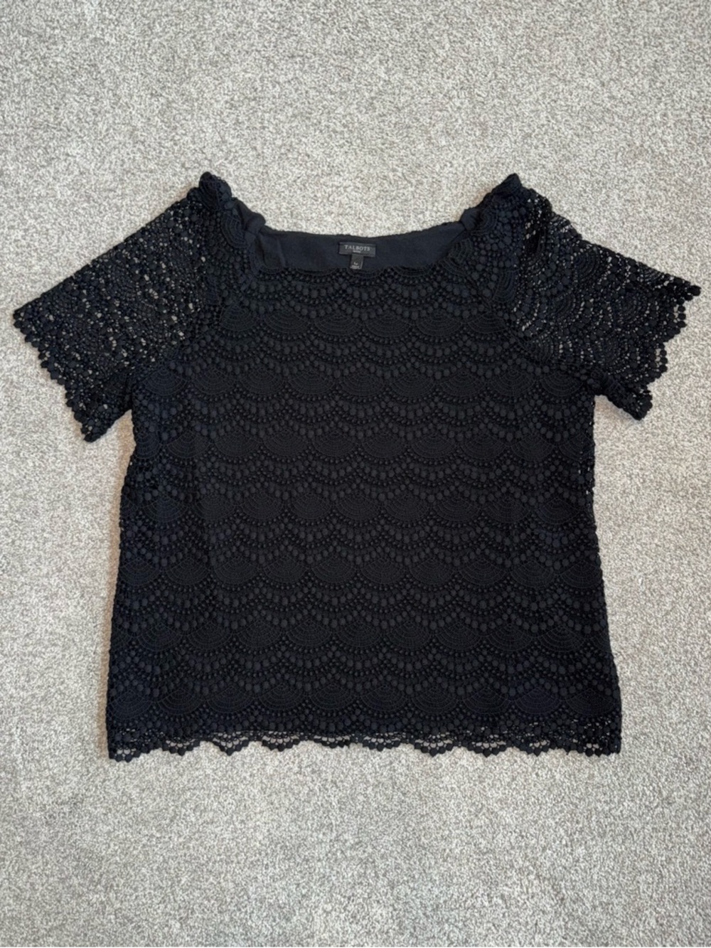 Talbots Black Lace Overlay Short Sleeve Top - Size Petite Large
